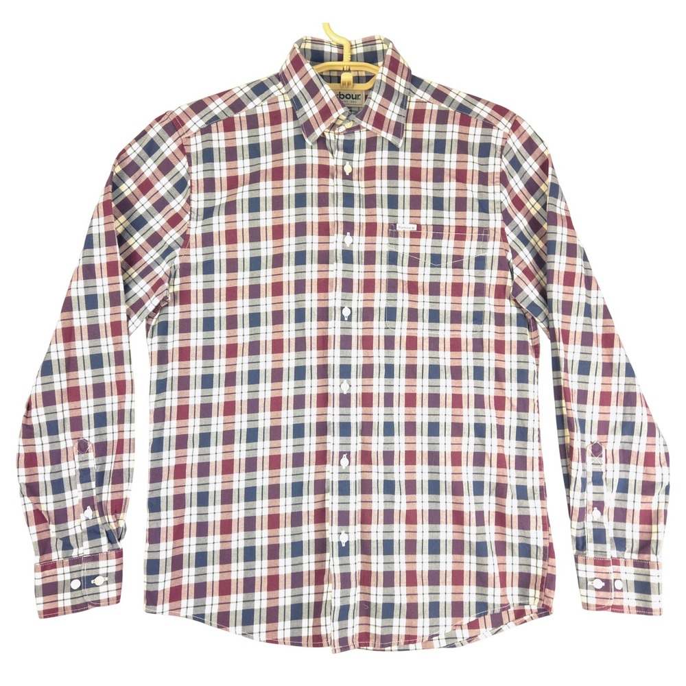 Barbour Mens Regular Fit Plaid Cotton Button Down Shirt Burgundy Blue Small